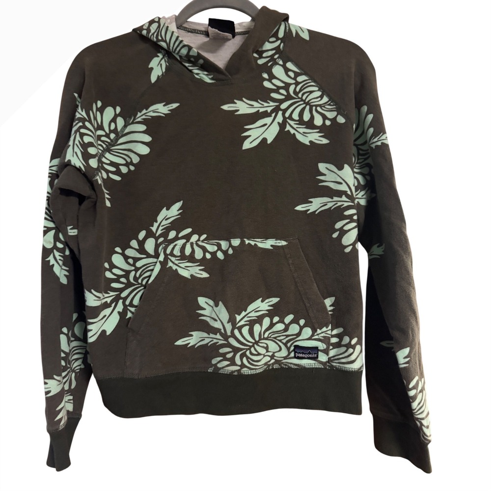 Patagonia Womens Organic Cotton Floral Pullover Hoodie Brown Mint Green Size M